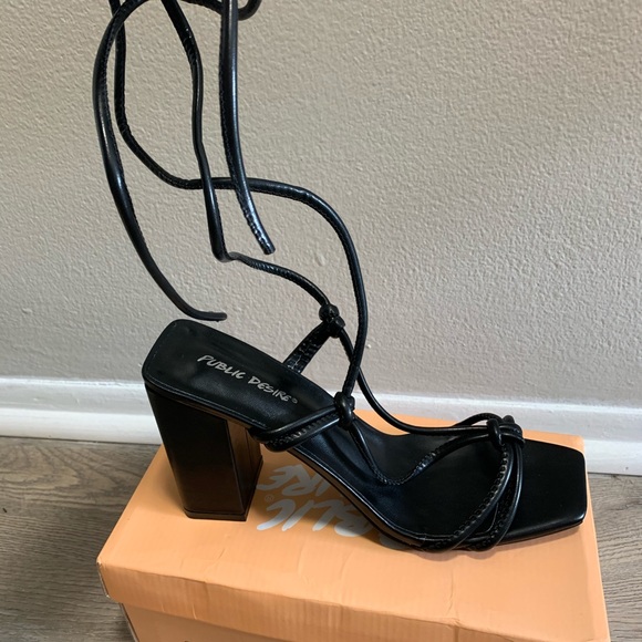 Public Desire Black Leather Lace Up Heeled Sandals - Picture 3 of 5